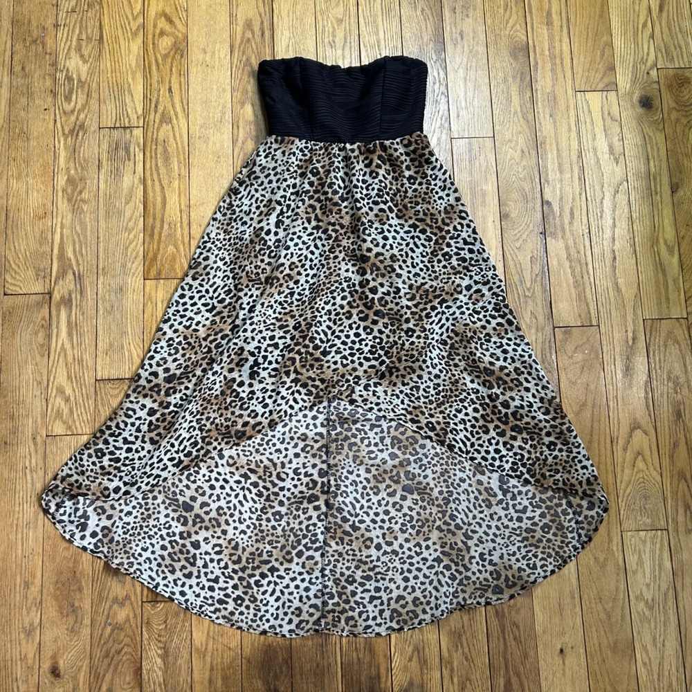 Y2K Deb Strapless Leopard Print High Low Dress Black Lace Up Back Animal Print